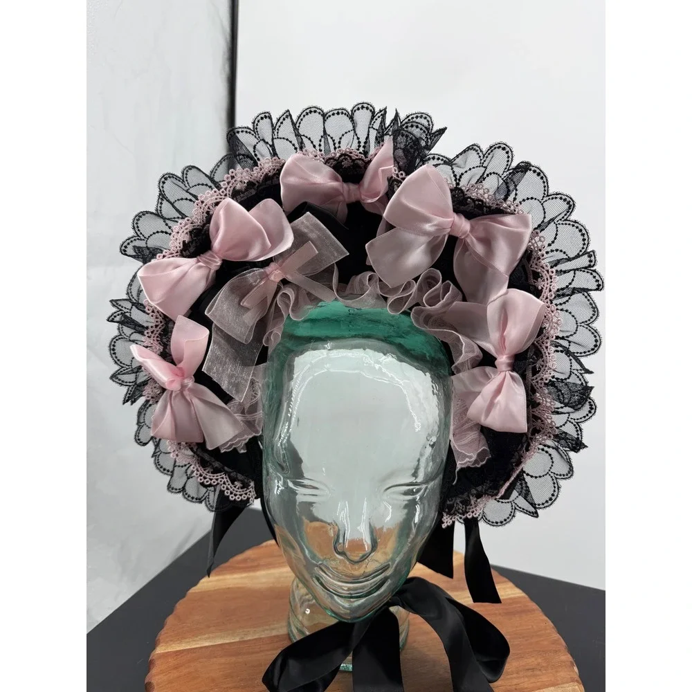 Night Whisper Lace Bow Bonnet Womens OS Black Pink Lolita Gothic Headpiece
